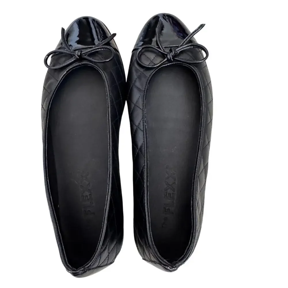 New The Flexx Women's Black Leather Riseco Quilted Ballet Flat Size 7